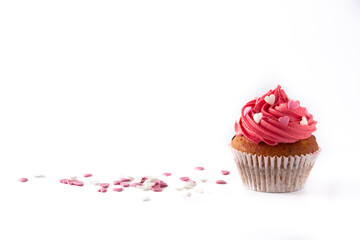 Cupcakes decorated with sugar hearts for Valentine's Day isolated on white background. Copy space
