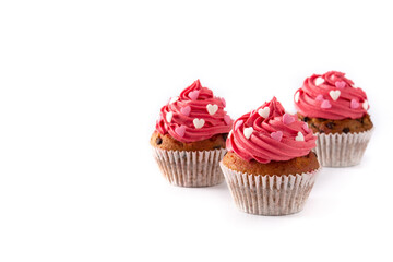 Cupcakes decorated with sugar hearts for Valentine's Day isolated on white background