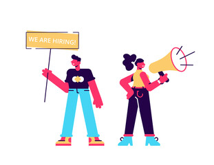 Male and female HR managers announce vacancy, carry placard