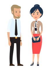Stylish businessmen. Cartoon man and wooman, partners characters in fashion clothes. Bearded man in a shirt with a tie. Fashionable businesswoman with clutch bag in hand flat style illustration.