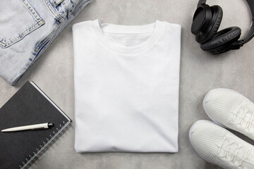 White womens cotton Tshirt mockup with jeans and sneakers, notebook and black headphones. Design t...