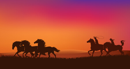 Fototapeta na wymiar cowboy and cowgirl riders chasing mustang horses herd and throwing lasso - romantic wild west sunset landscape scene vector silhouette design