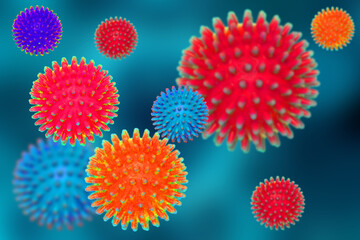 Coronavirus mutation. Close-up of various colorful abstract models of new variant and mutation .