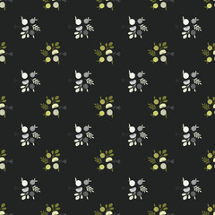 Dark cartoon food seamless pattern with hand drawn apples and leaves silhouettes. Navy blue background.