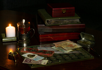 numismatics still life, vintage SSSR evening