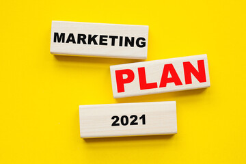 words marketing PLAN 2021 written on cubes . You can use in business, marketing and other concepts.