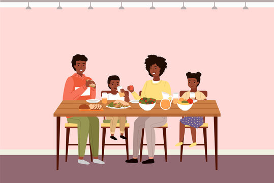 Afro american people having dinner in dining room. Afroamerican family dines with healthy food. Relatives eat natural fresh products vector illustration. Table with fruit, salad and sandwiches