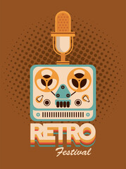 retro festival lettering poster with video tape projector and microphone