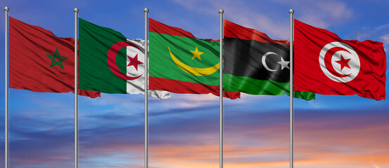  3D Illustration with national flags of the five countries which are full member states of the Arab Maghreb Union - obrazy, fototapety, plakaty