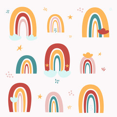 Set of Pastel colors childish Rainbow with cute clouds, raindrops, stars. Vector Illustration isolated on beige background for fabric, design, baby textile, print, wallpaper, posters.