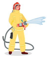 Illustration of a girl wearing fireman safety costume with helmet and holding fire hose isolated on white background. Firefighter modern woman in the male profession vector flat design brave firewoman