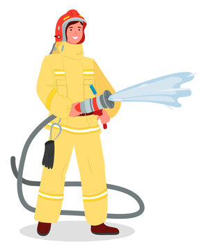 recommend clip art: Illustration of a girl wearing fireman safety costume with helmet and holding fire hose isolated on white background. Firefighter modern woman in the male profession vector flat design brave firewoman