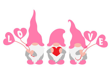 Valentine's Day Gnomes with hearts in hands, Scandinavian gnomes, vector illustration for love, engagement, wedding, Valentine's day gift, invitation, party card, isolated without background