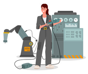 Girl mechanic dressed in a special uniform gray work overalls, holding control panel from the machine isolated on white. Modern woman in the male profession factory engineer near Industrial machine