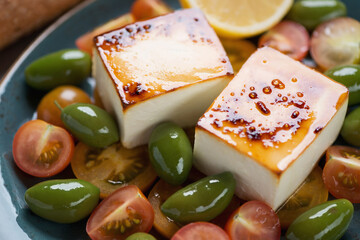 Blocks of baked feta cheese served with tomatoes and giant green olives, close-up, selective focus