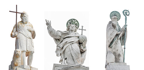 Fototapeta na wymiar Set of original most famous ancient top sculptures at church roofs as symbols of Venice isolated at white background, Venice, Italy, closeup, details.