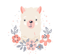 Lama cute animal baby face with flowers and leaves elements vector illustration. Hand drawn style nursery character. Scandinavian funny kid design