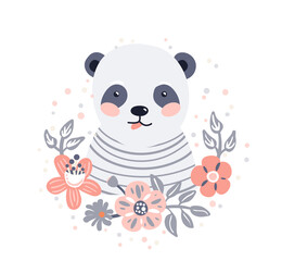 Panda cute animal baby face with flowers and leaves elements vector illustration. Hand drawn style nursery character isolated on white background. Scandinavian funny kid design