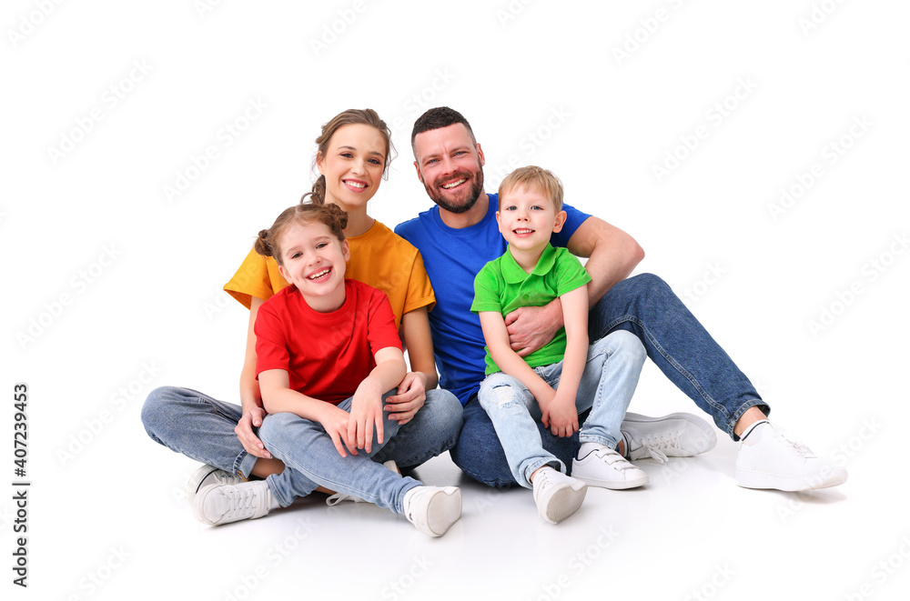 Wall mural family portrait. parents and children in colorful T-shirts on an isolated white background