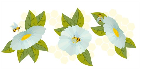 Fototapeta na wymiar chamomile flower with bees around on a honeycomb background. wreath drawn in cartoon style vector illustration isolated on white background