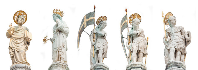 Set of original ancient top roof sculptures of symbol of Venice at the Piazza San Marco isolated at white background, Venice, Italy, closeup, details.