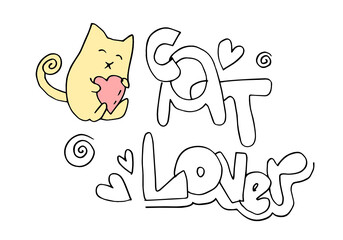 Hand drawn cute cat. Vector illustration of animal with adorable kitten. Vector design template for logos, letters, banners, menus, banners
