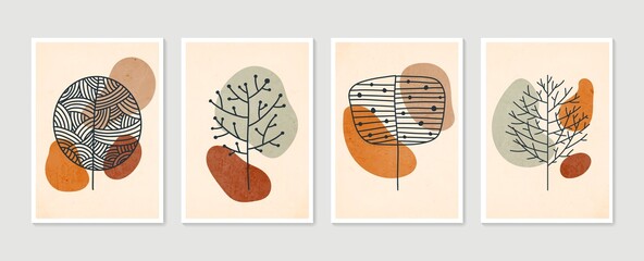 Collection of contemporary art posters in pastel colors. Botanical wall art vector set. Minimal and natural wall art. Abstract Plant Art design for print, wallpaper, cover. Modern vector illustration.