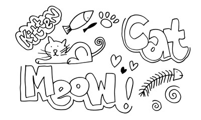 Hand drawn cute cat. Vector illustration of animal with adorable kitten. Vector design template for logos, letters, banners, menus, banners