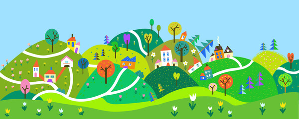 Cute panoramic landscape with hills and village for kids. Vector graphic illustration - 407240802
