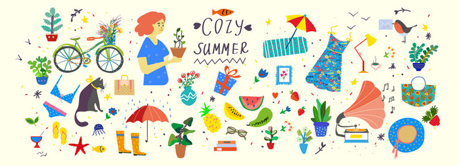 Cozy hygge summer illustration - vector set of cute objects, plants and accessories. - 407240803