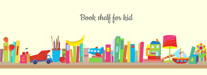 Bookshelf for kid with books and toys cute vector graphic illustration - 407240827