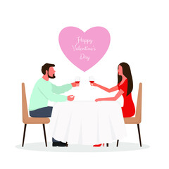 Valentine's Day couple sitting at the restaurant table with glasses of red wine. Vector illustration