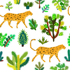 Guepard and tropical plants seamless patttern, handdrawn design. Vector graphic illustration - 407240886