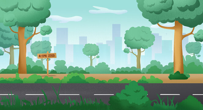 Country road. The road is surrounded by trees and, grass and bushes. The sky and the city can be seen in the distance in the background