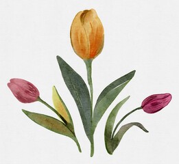 Watercolor Hand Drawing Colorful Isolated Tulips