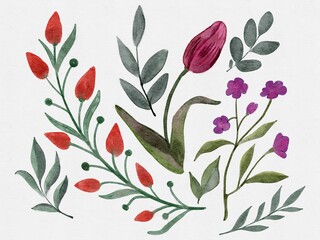 Hand Drawing Watercolor Colorful Set of Spring Flowers and Leaves