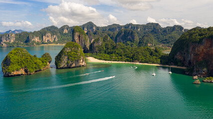 amazing Thailand high season beautiful seascape aerial view ao nang beach island and long tail boat...