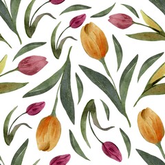 Hand Drawing Watercolor Green Leaf and Colorful Tulips Seamless Pattern