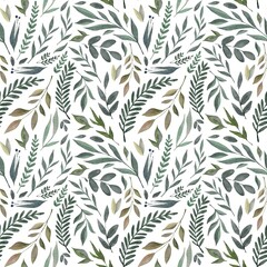 Hand Drawing Watercolor Green Leaf Seamless Pattern