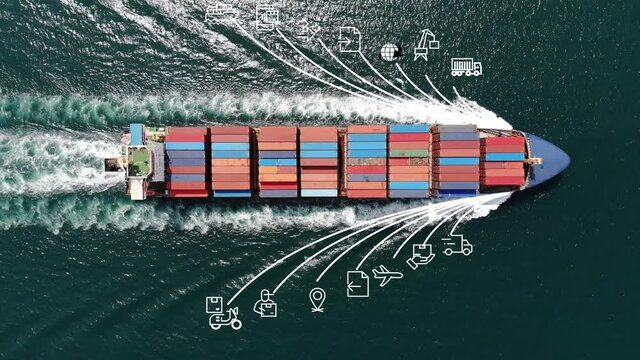 Aerial top view of cargo ship with contrail and smart icons on the ocean sea , ship carrying container export from container international port to custom ocean concept freight shipping by ship service