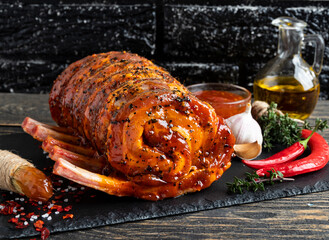 Rolled raw roast beef Rump, pork, lamb, in red marinate, meat roll, spices