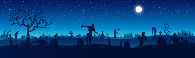 Panorama of the zombie apocalypse on the background of the cemetery. Silhouettes of scary zombies walking through the cemetery. Starry sky. Vector illustration for Halloween.