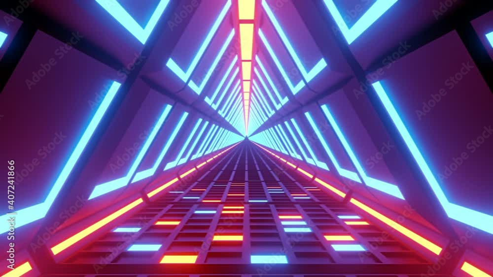 Aufkleber abstract flight in futuristic sci-fi virtual reality tunnel seamless loop. 4k 3d rendering neon ligh