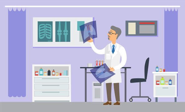 Professional radiologist male character in hospital office. Cancer disease diagnostic and treatment. Doctor examining a lung radiography holding X-ray picture. Man in white coat is looking at a photo