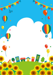 Obraz na płótnie Canvas 気球と風船が飛んでいる夏の青空と街並みとひまわり畑のイラスト 
