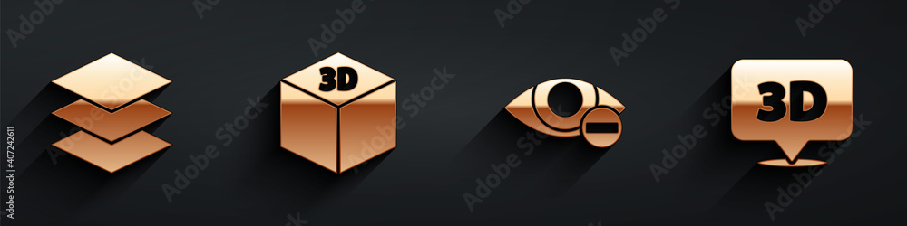 Poster set layers, isometric cube, red eye effect and speech bubble with text 3d icon with long shadow. vec
