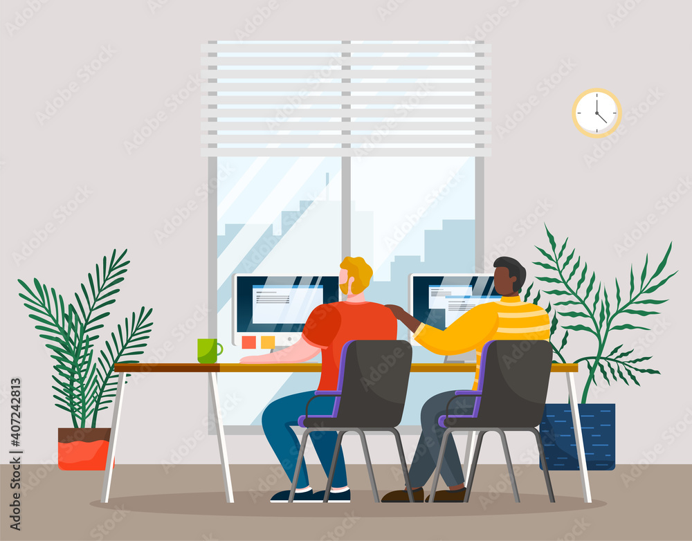 Poster employees are communicating and working together. teamwork and brainstorming in the office. staff wo