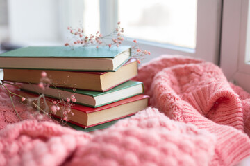 A stack of red and green books with dry flowers on a pink warm knitted sweater background