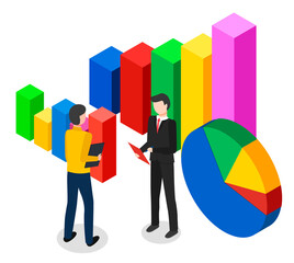 Isometric 3D cartoon image of huge bar and pie charts. Multicolored geometric volumetric shapes. Symbolic graphs, charts. Two businessmen standing and talking, holding tablets in hands. E-commerce