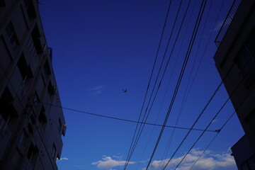 Plakat 都市の空を飛ぶ飛行機